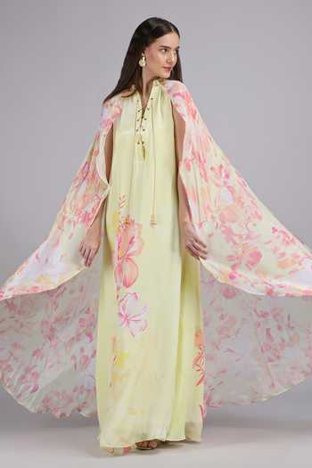 Mandira Wirk_Yellow Crepe, Viscose Split V-neck Placement Print Dress _at_Aza_Fashions