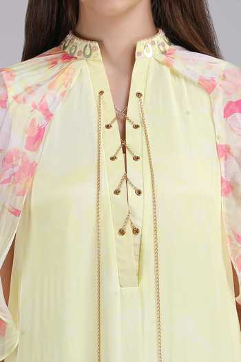 Buy_Mandira Wirk_Yellow Crepe, Viscose Split V-neck Placement Print Dress 