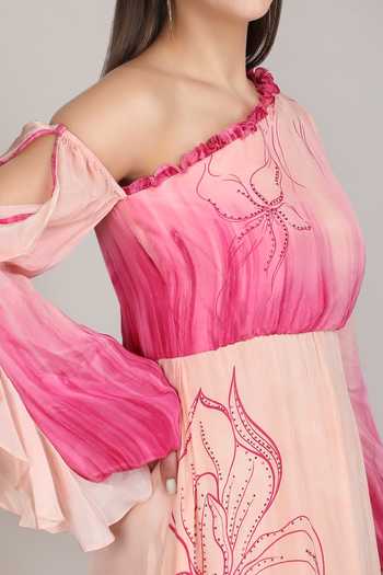 Shop_Mandira Wirk_Pink Viscose One Shoulder Doodle Dress _Online_at_Aza_Fashions