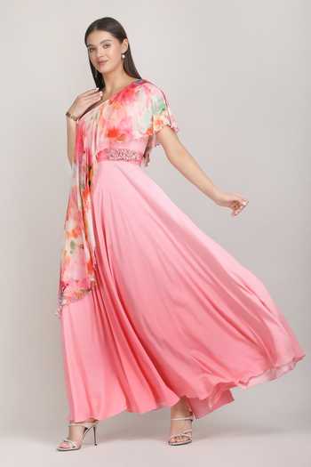 Shop_Mandira Wirk_Pink Crepe, Viscose One Shoulder Rose Ombre Dress _Online_at_Aza_Fashions