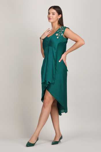 Mandira Wirk_Emerald Green Satin V-neck High-low Edit _Online_at_Aza_Fashions