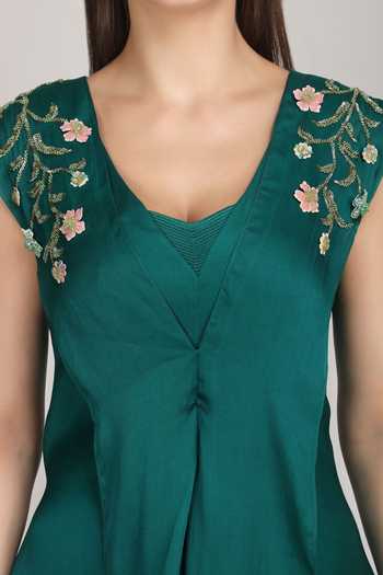 Buy_Mandira Wirk_Emerald Green Satin V-neck High-low Edit _Online_at_Aza_Fashions