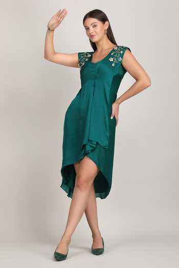 Shop_Mandira Wirk_Emerald Green Satin V-neck High-low Edit _Online_at_Aza_Fashions