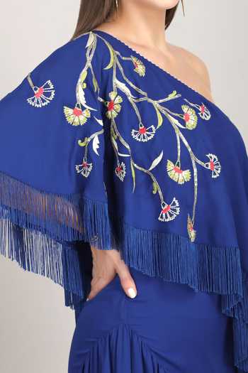 Mandira Wirk_Blue Crepe, Viscose One Shoulder Sapphire Fringe Drape Dress _Online_at_Aza_Fashions