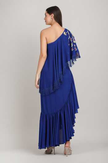 Mandira Wirk Sapphire Fringe Drape One Shoulder Dress 