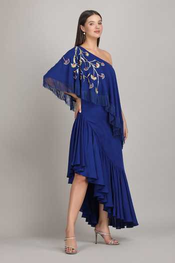 Buy_Mandira Wirk_Blue Crepe, Viscose One Shoulder Sapphire Fringe Drape Dress _Online_at_Aza_Fashions