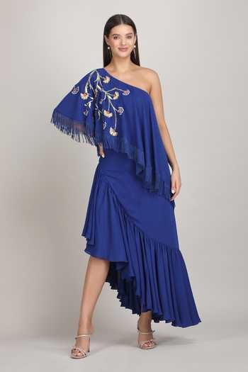 Mandira Wirk Sapphire Fringe Drape One Shoulder Dress 