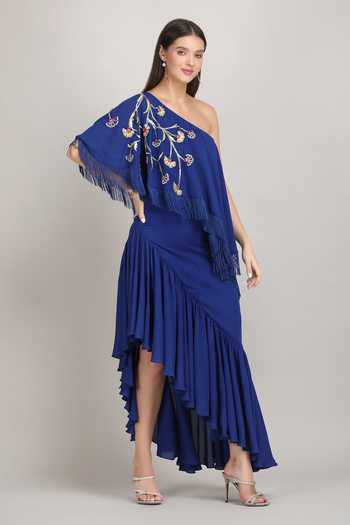 Shop_Mandira Wirk_Blue Crepe, Viscose One Shoulder Sapphire Fringe Drape Dress _Online_at_Aza_Fashions