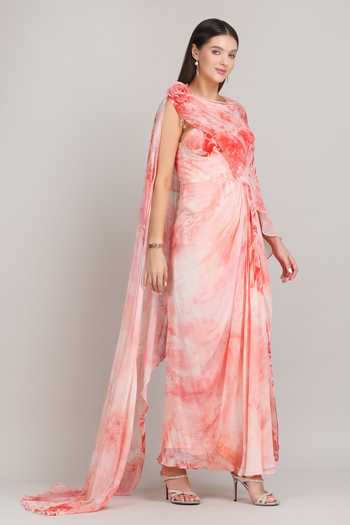 Mandira Wirk_Red Chiffon, Viscose Round Neck Crimson Corset Dress With Draped Cape _Online_at_Aza_Fashions