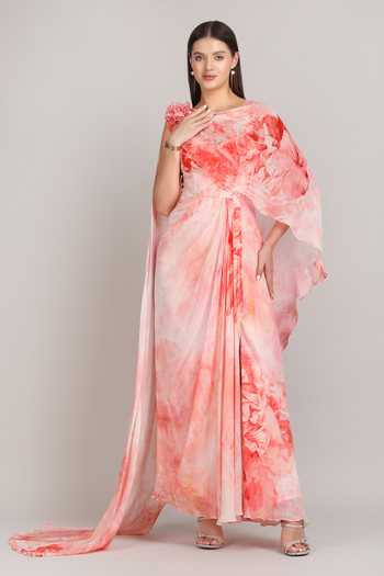 Buy_Mandira Wirk_Red Chiffon, Viscose Round Neck Crimson Corset Dress With Draped Cape _Online_at_Aza_Fashions