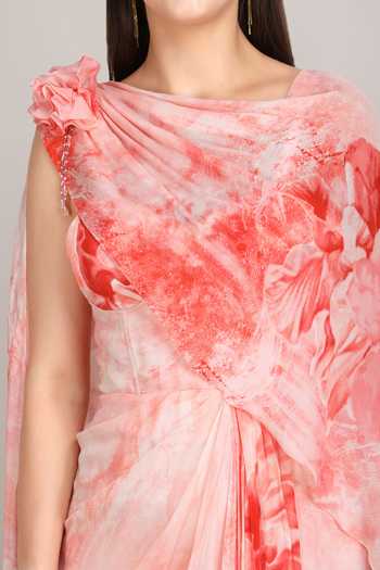 Shop_Mandira Wirk_Red Chiffon, Viscose Round Neck Crimson Corset Dress With Draped Cape _Online_at_Aza_Fashions