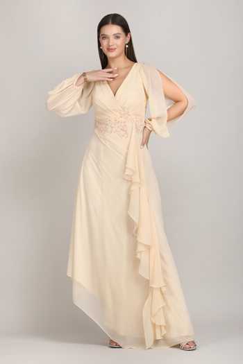 Mandira Wirk_Beige Viscose Embroidery V-neck Ivory Cascade Gown _Online_at_Aza_Fashions
