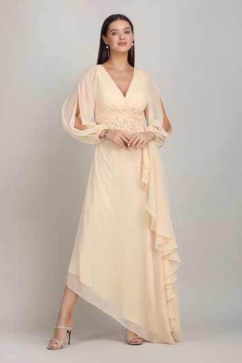 Buy_Mandira Wirk_Beige Viscose Embroidery V-neck Ivory Cascade Gown _Online_at_Aza_Fashions