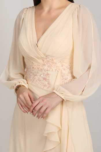 Shop_Mandira Wirk_Beige Viscose Embroidery V-neck Ivory Cascade Gown _Online_at_Aza_Fashions