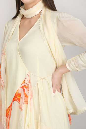 Mandira Wirk_Beige Chiffon, Viscose V-neck High Low Wrap Dress With Scarf _Online_at_Aza_Fashions