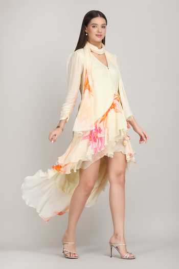 Buy_Mandira Wirk_Beige Chiffon, Viscose V-neck High Low Wrap Dress With Scarf _Online_at_Aza_Fashions