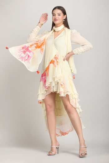 Shop_Mandira Wirk_Beige Chiffon, Viscose V-neck High Low Wrap Dress With Scarf _Online_at_Aza_Fashions
