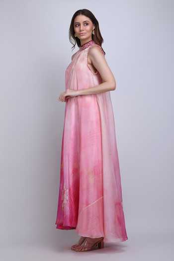 Mandira Wirk_Pink Organza Choker Neck Blush Floral Placement Print Dress _Online_at_Aza_Fashions