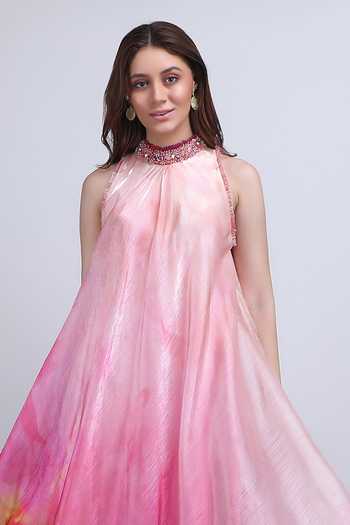 Buy_Mandira Wirk_Pink Organza Choker Neck Blush Floral Placement Print Dress _Online_at_Aza_Fashions