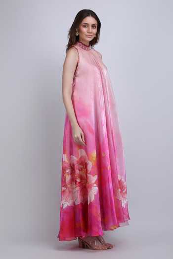 Shop_Mandira Wirk_Pink Organza Choker Neck Blush Floral Placement Print Dress _Online_at_Aza_Fashions