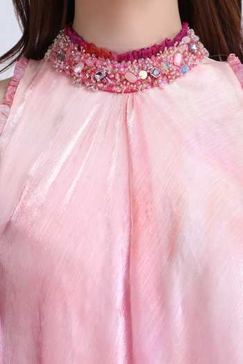 Mandira Wirk_Pink Organza Choker Neck Blush Floral Placement Print Dress _at_Aza_Fashions