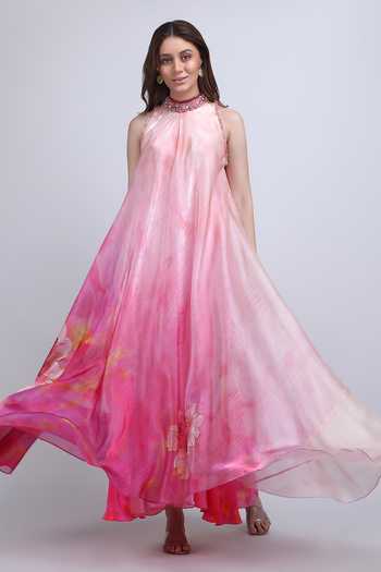 Buy_Mandira Wirk_Pink Organza Choker Neck Blush Floral Placement Print Dress 