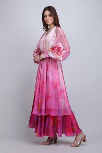 Mandira Wirk_Pink Satin, Chiffon V-neck Blush Tiered Layered Ombre Dress _Online_at_Aza_Fashions