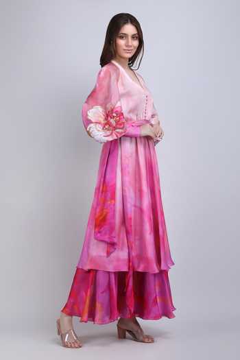Buy_Mandira Wirk_Pink Satin, Chiffon V-neck Blush Tiered Layered Ombre Dress _Online_at_Aza_Fashions