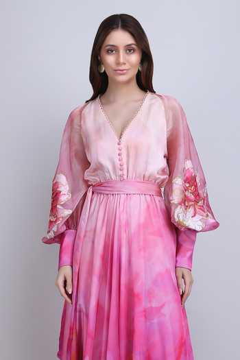 Shop_Mandira Wirk_Pink Satin, Chiffon V-neck Blush Tiered Layered Ombre Dress _Online_at_Aza_Fashions