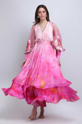 Mandira Wirk Blush Tiered Layered Ombre Chiffon Satin Dress 
