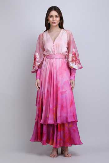Mandira Wirk_Pink Satin, Chiffon V-neck Blush Tiered Layered Ombre Dress _at_Aza_Fashions