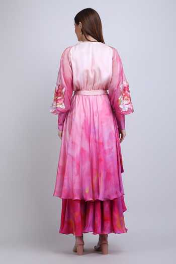 Mandira Wirk Blush Tiered Layered Ombre Chiffon Satin Dress 