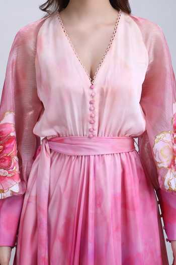 Buy_Mandira Wirk_Pink Satin, Chiffon V-neck Blush Tiered Layered Ombre Dress 