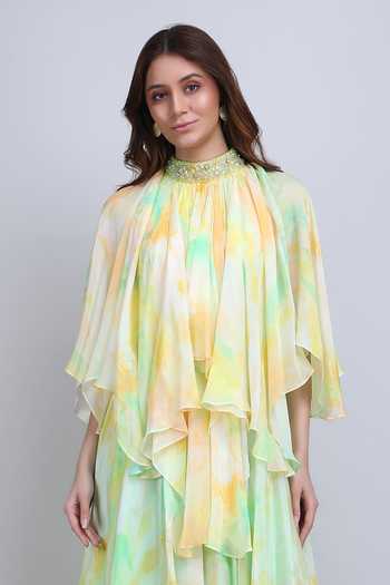 Mandira Wirk_Yellow Chiffon, Viscose High Neck Pastel Cascade Layered Dress _Online_at_Aza_Fashions