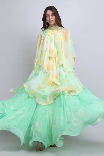 Buy_Mandira Wirk_Yellow Chiffon, Viscose High Neck Pastel Cascade Layered Dress _Online_at_Aza_Fashions