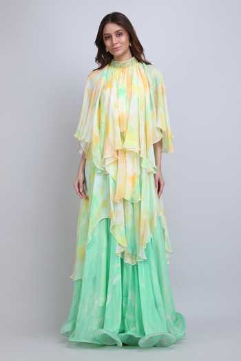 Shop_Mandira Wirk_Yellow Chiffon, Viscose High Neck Pastel Cascade Layered Dress _Online_at_Aza_Fashions