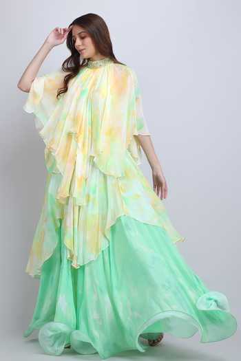 Mandira Wirk_Yellow Chiffon, Viscose High Neck Pastel Cascade Layered Dress _at_Aza_Fashions