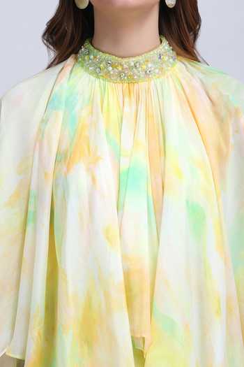 Buy_Mandira Wirk_Yellow Chiffon, Viscose High Neck Pastel Cascade Layered Dress 