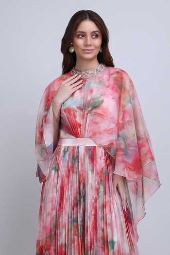 Mandira Wirk_Multi Color Chiffon High Neck Marble Muse Heatpleated Dress _Online_at_Aza_Fashions