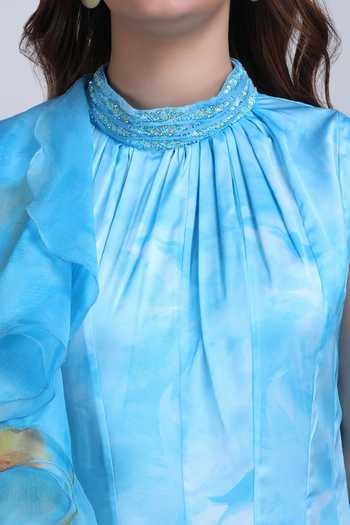 Mandira Wirk_Blue Satin, Lycra High Neck Aqua Ombre Ruffle Panelled Dress _Online_at_Aza_Fashions