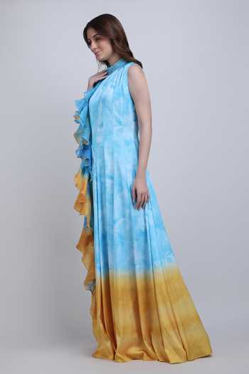 Buy_Mandira Wirk_Blue Satin, Lycra High Neck Aqua Ombre Ruffle Panelled Dress _Online_at_Aza_Fashions