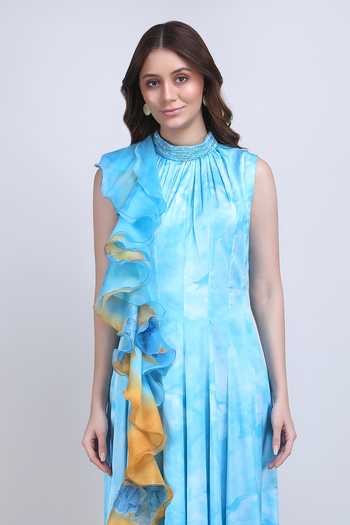 Shop_Mandira Wirk_Blue Satin, Lycra High Neck Aqua Ombre Ruffle Panelled Dress _Online_at_Aza_Fashions