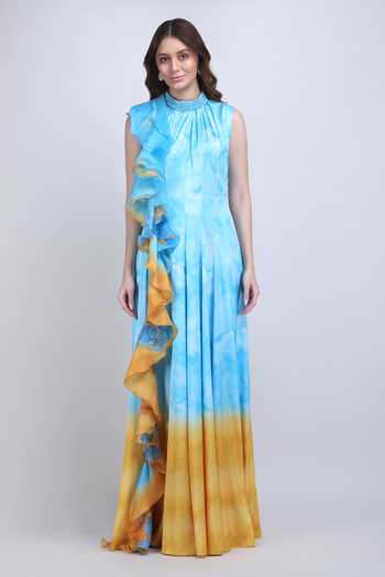 Mandira Wirk_Blue Satin, Lycra High Neck Aqua Ombre Ruffle Panelled Dress _at_Aza_Fashions