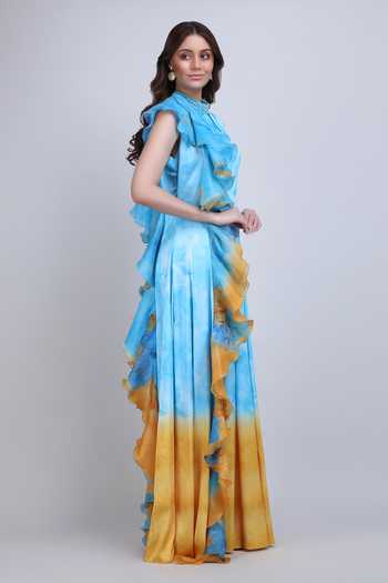 Buy_Mandira Wirk_Blue Satin, Lycra High Neck Aqua Ombre Ruffle Panelled Dress 