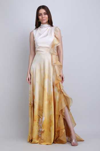 Mandira Wirk_Yellow Satin High Neck Ochre Sculpt Ruffle Dress _Online_at_Aza_Fashions