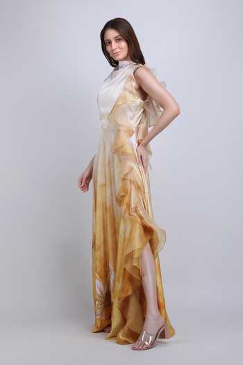 Buy_Mandira Wirk_Yellow Satin High Neck Ochre Sculpt Ruffle Dress _Online_at_Aza_Fashions