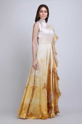 Shop_Mandira Wirk_Yellow Satin High Neck Ochre Sculpt Ruffle Dress _Online_at_Aza_Fashions