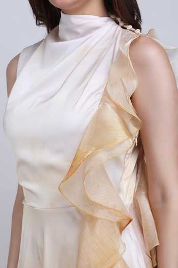 Mandira Wirk_Yellow Satin High Neck Ochre Sculpt Ruffle Dress _at_Aza_Fashions