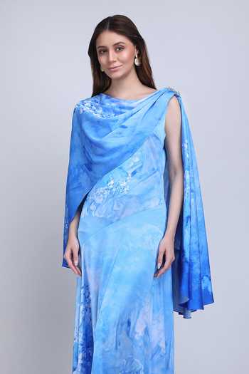 Mandira Wirk_Blue Satin, Lycra Cowl Neck Azure Cape Draped Dress _Online_at_Aza_Fashions