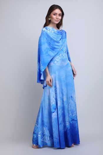 Buy_Mandira Wirk_Blue Satin, Lycra Cowl Neck Azure Cape Draped Dress _Online_at_Aza_Fashions